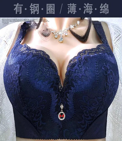 Plus Size Push Up Bra Sexy Lace Underwire - Full Coverage Lingerie for Curvy Women, Wide Side Wings & Thin Cup Support Big Bust