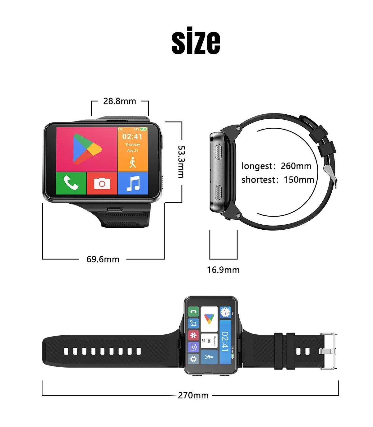 S999 4G LTE Smart Watch Android 11.0 OS 4GB RAM 64GB ROM 2.88" Big Screen 2MP/8MP Dual Camera Quad Core 2300mAh Men Smartwatch
