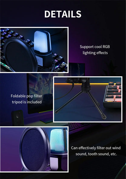 USB Microphone Clear Full RGB Capacitive Gaming Esports Desktop Microphone Live Conferencing Podcast Recording Studio Computer