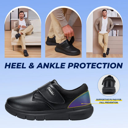 FitVille Extra Wide Men's Shoes Leather Diabetic Shoes Walking for Elder Orthopedic Toes Swollen Feet Non-Slip Arch Support
