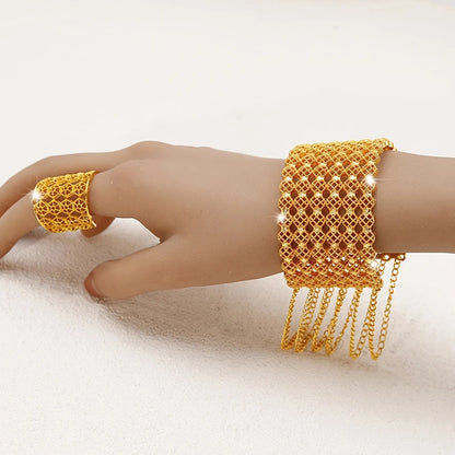 Women's Gold-Plated Hollow Metal Cuff Bangle Alloy Jewelry Set Pearl Ring for Weddings Engagements Personalities' Gift