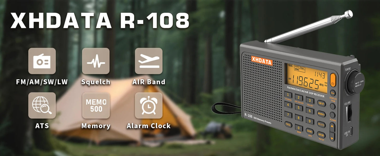 XHDATA R-108 Digital Portable Radio Stereo FM LW SW MW Full-Band Radio DSP Radio Receiver Multi-Function Rechargeable Radio