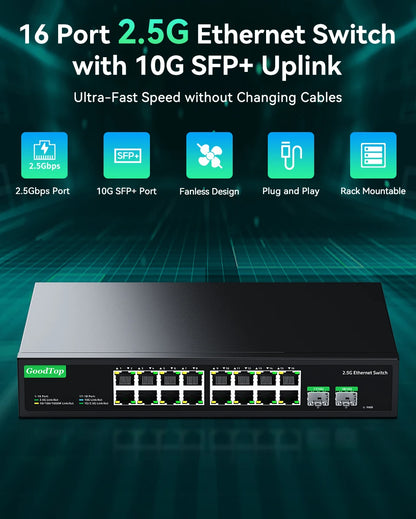 GoodTop 16 Port 2.5G Ethernet Switch with 2 Port 10G SFP+ Network Switch 120G Bandwidth Unmanaged Networking Home Lab Switch