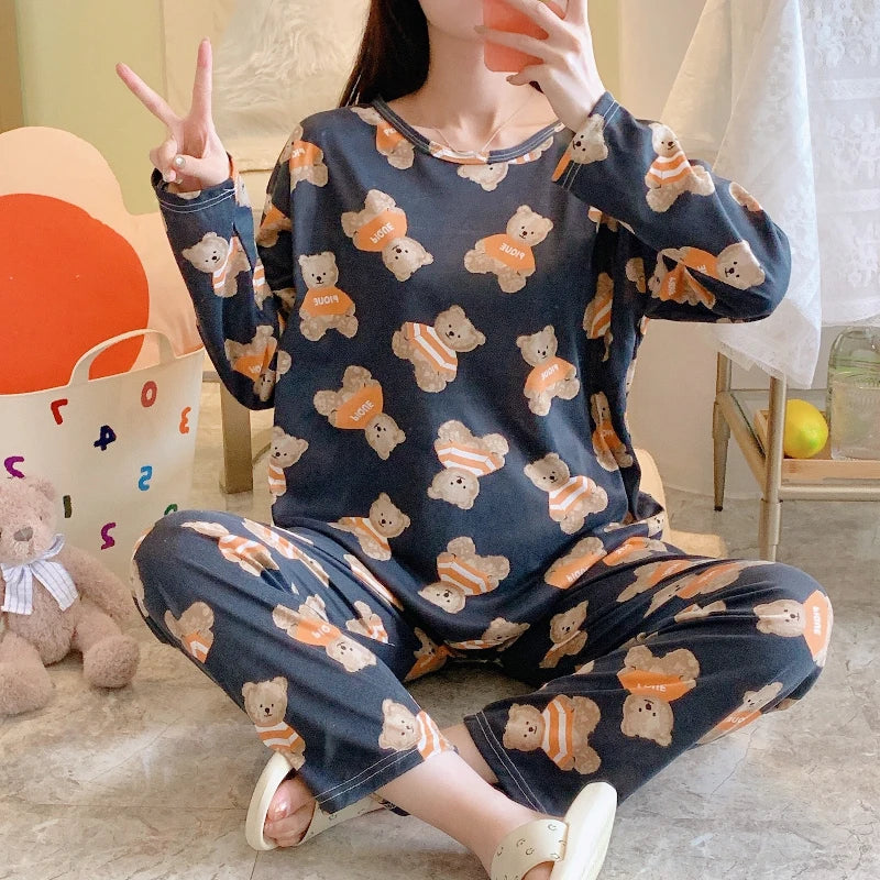 Women's Pajama Set for Spring & Autumn - Long Sleeve & Long Pant, Cute Cartoon Animal Print, Sweet Style for Home & Outdoor Wear