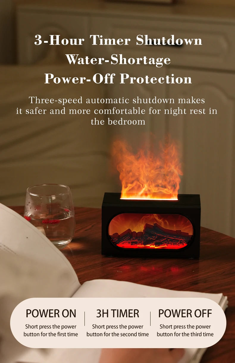 250ml Flame Fireplace Aroma Humidifier Colorful Light Aromatherapy Essential Oil Diffuser with Timed Auto Off for Home Bedroom