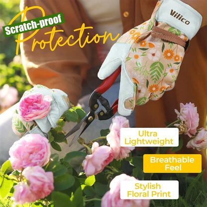 Vilico ladies' gardening gloves, breathable ladies' leather garden garden gloves, the best gift for gardeners