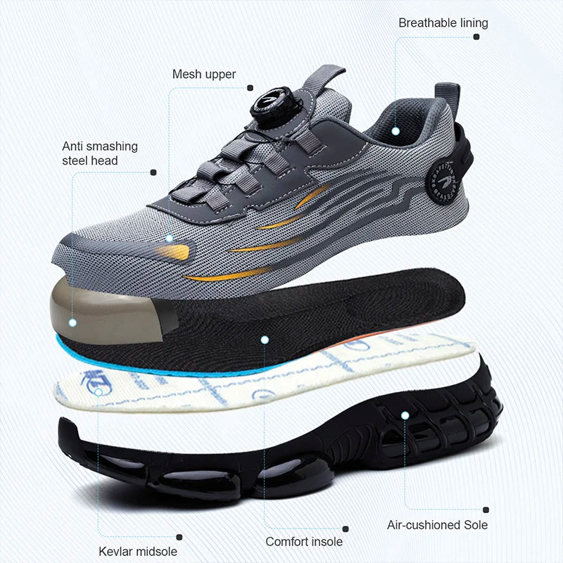 Breathable Men Boots Rotating Buttons Safety Shoes Men Puncture-Proof Work Boots Steel Toe Shoes Light Indestructible Shoes