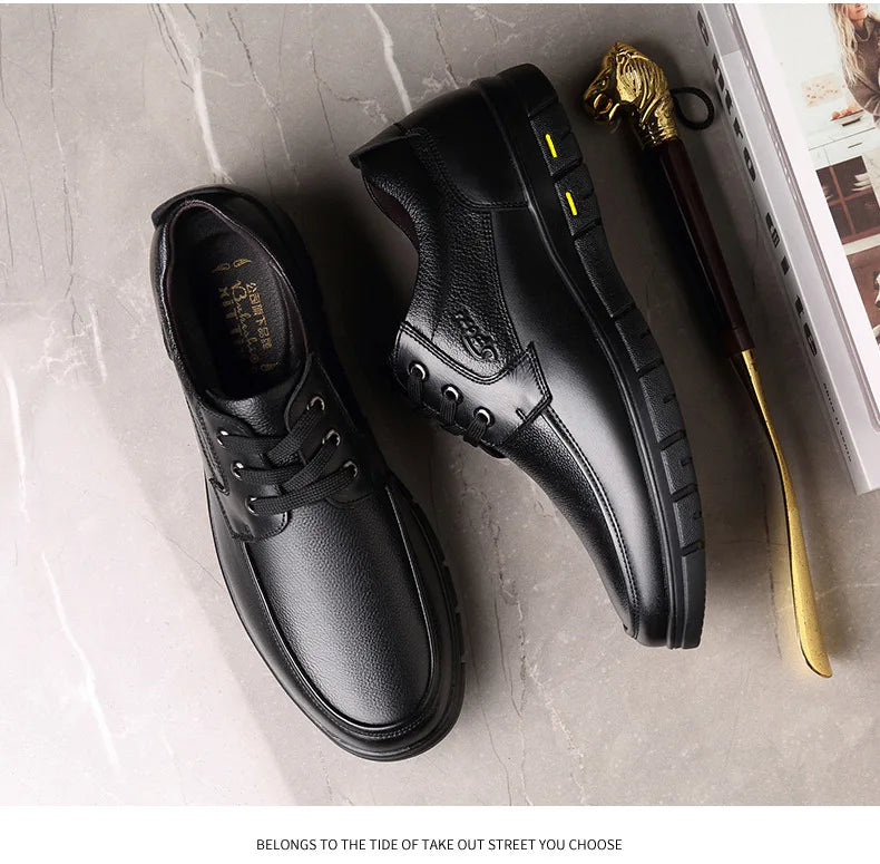 Autumn Men's Leather Shoes True Cowhide Flat Bottom Anti-Slip Plus Size Casual Elderly Father Shoes Rubber Sole China Made