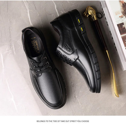 Autumn Men's Leather Shoes True Cowhide Flat Bottom Anti-Slip Plus Size Casual Elderly Father Shoes Rubber Sole China Made