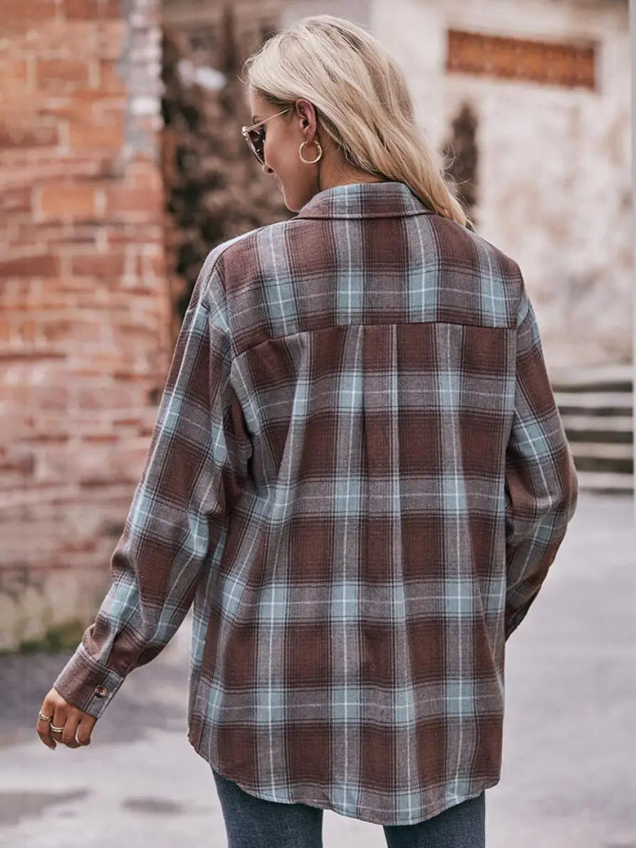 Autumn Plaid Shirt Women Long Sleeve Turn-down Collar Oversize Shirts Female Stylish Vintage Casual Blouse Ladies Chemise