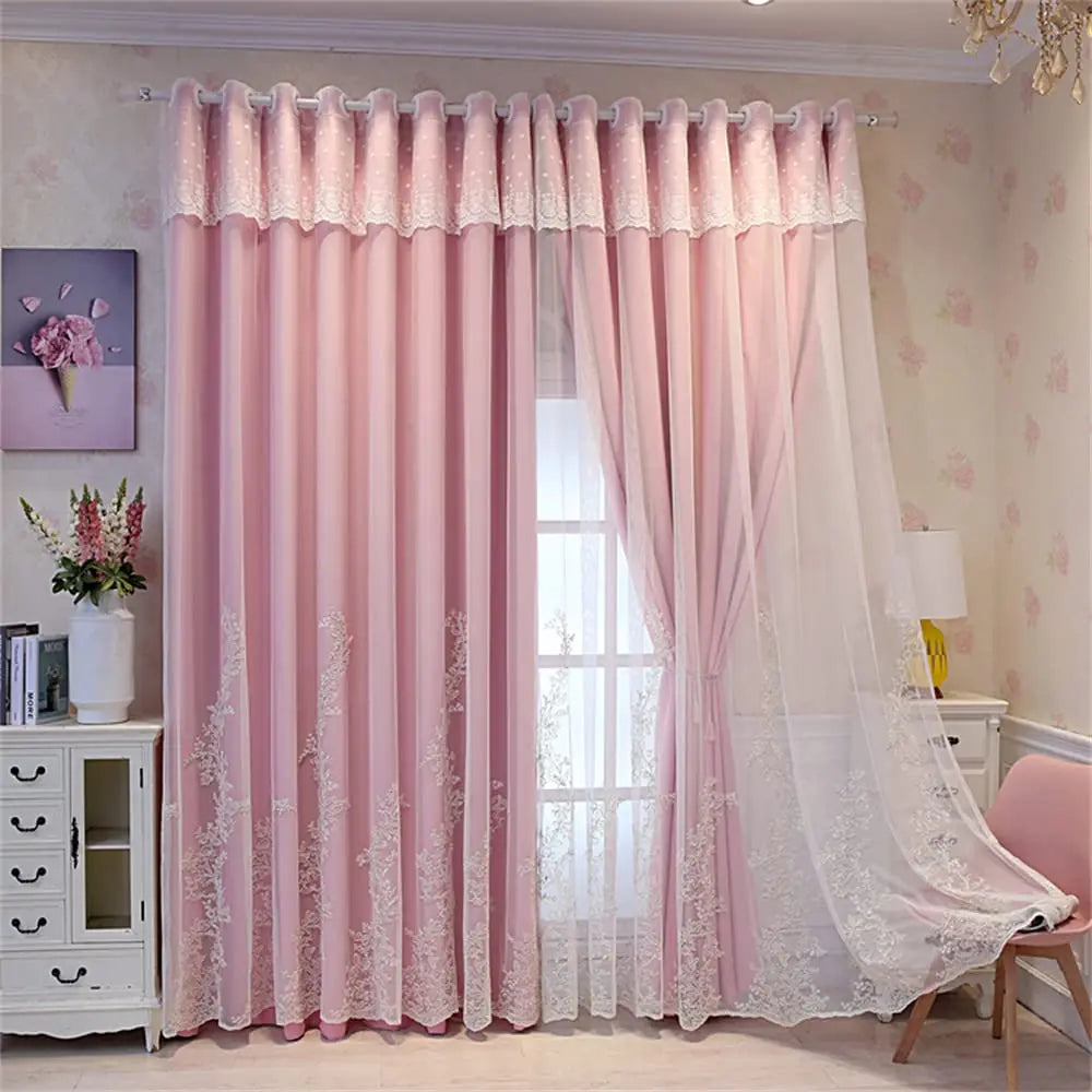Luxury Beige Double Layer Embroidery Blackout Curtain for Bedroom Living Room European Delicate Sheer Plus Darkening Cloth Drape