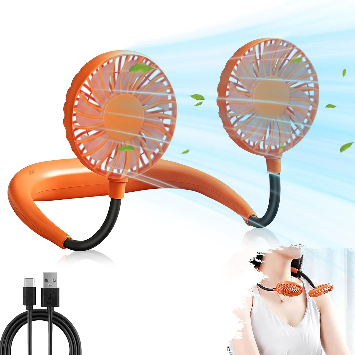 USB Rechargeable Mini Sports 3-Speed Adjustable Neck Dual Fan Home OfficeOutdoor Travel Portable Hanging Neck Fan
