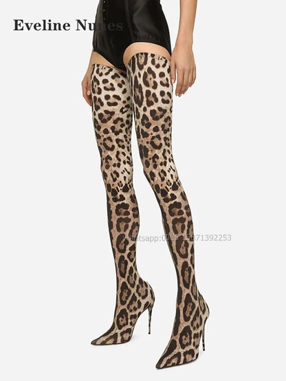 Leopard Satin Thigh High Boots Pointed Toe Thin Heels Mixed Colors Women Stretch Boots Pull On Sexy Spicy Girl Booty Runway Show