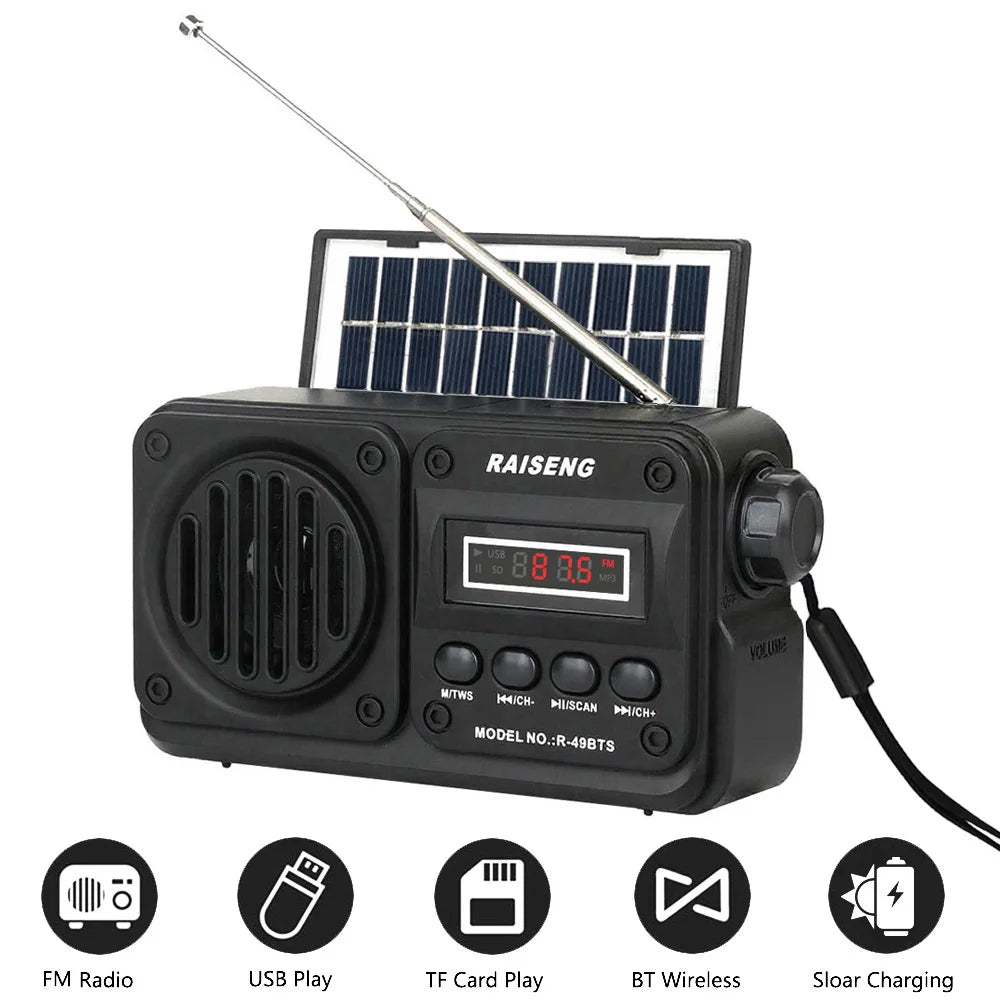 Solar Charging FM Radio Bluetooth Speaker with USB/TF MP3 Playback, Rechargeable Radio Receiver Portable Design for Home&Outdoor