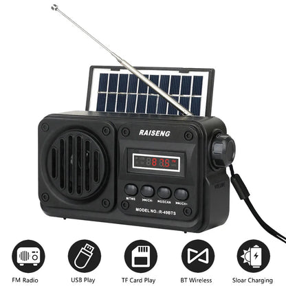Solar Charging FM Radio Bluetooth Speaker with USB/TF MP3 Playback, Rechargeable Radio Receiver Portable Design for Home&Outdoor