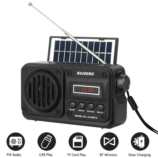 Solar Charging FM Radio Bluetooth Speaker with USB/TF MP3 Playback, Rechargeable Radio Receiver Portable Design for Home&Outdoor