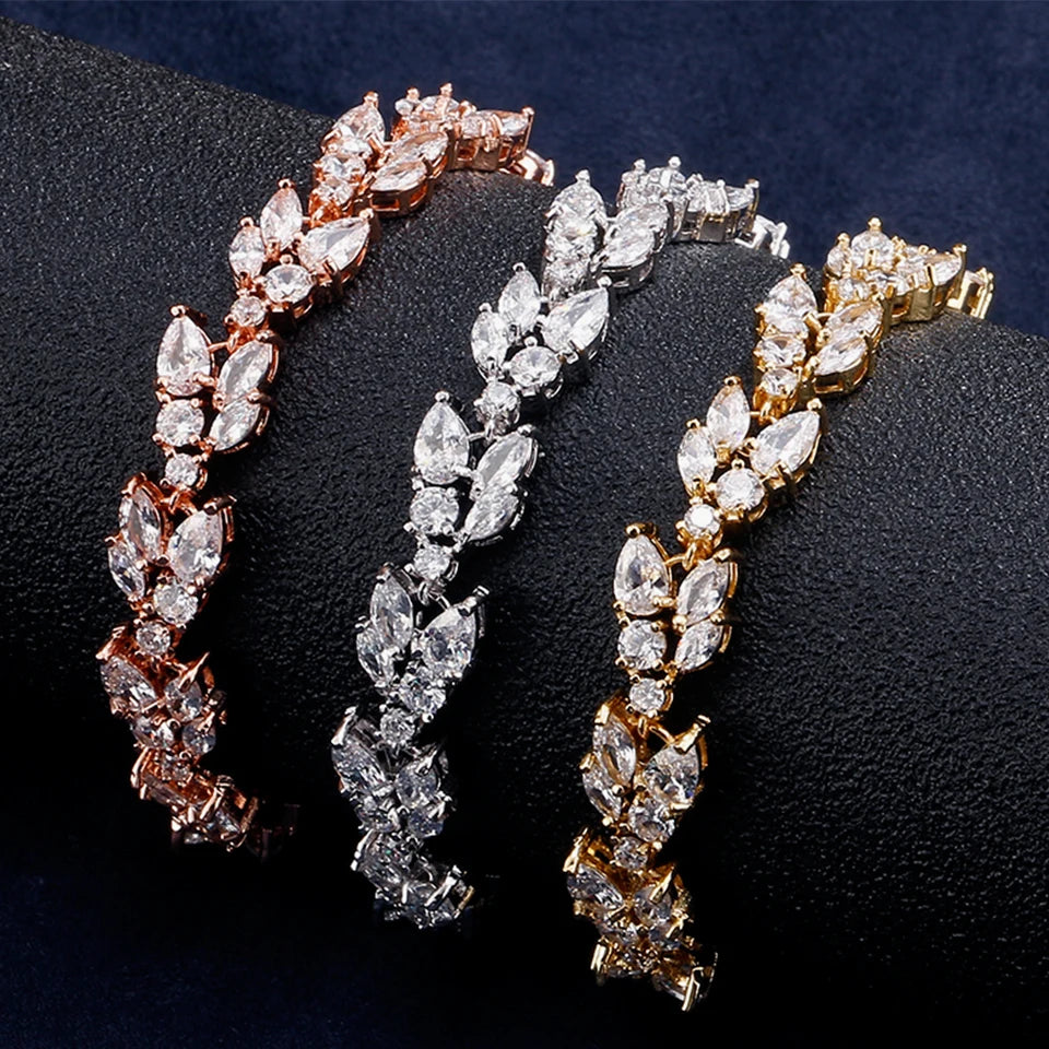 ZAKOL Luxury AAA Cubic Zirconia Wedding Bracelets for Women High Quality White Gold Color Leaf Charm Bracelet Bangles
