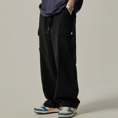 Men's Sweatpants 2025 Spring Autumn Vintage Japanese Wide Leg Straight Loose Button Big Pockets Cargo Pants Drawstring Trousers