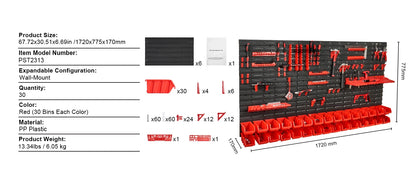 SucceBuy Wall Mounted Storage Bins 30/48Bin Parts Rack Organizer Garage with Wall Panels Hooks Plastic Shop Tool for Screw Nails