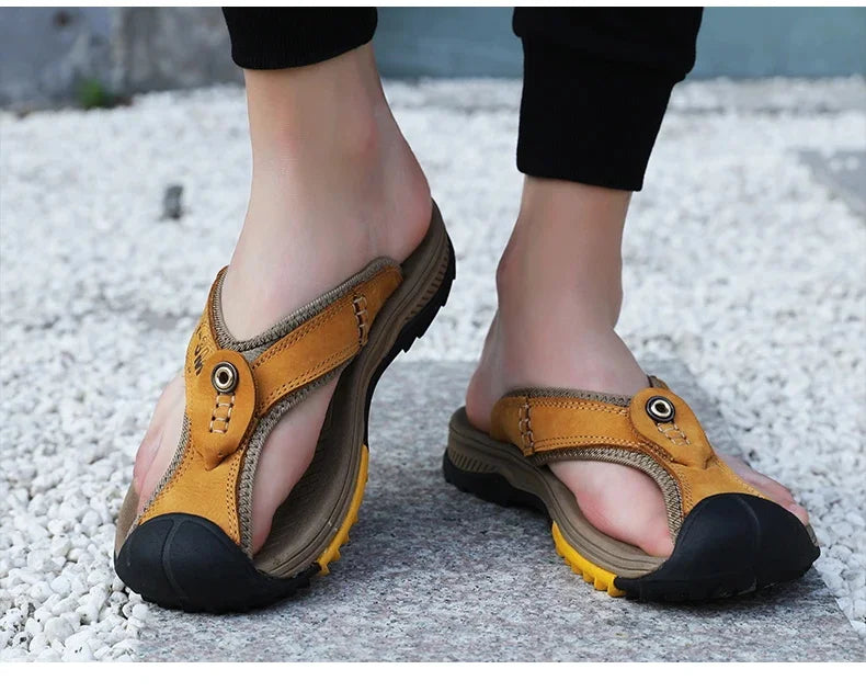 Genuine Cow Leather Shoes Men Sandals Mens Flip Flops Men's Casual Shoes Classic Massage Beach Slippers Anti-slip Summer 2025