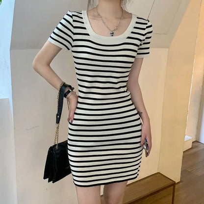 Fashion Striped Knitted Mini Dress Summer Korean Square Collar Waist Women's Clothing Slim Bag Hip Casual Short Sleeve Dresses
