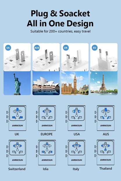 ANRMESUN 65W GaN Universal Travel Adapter with 2 USB 2 Type C Fast Charging All-in-one Travel Charger EU/UK/USA/AUS for Travel