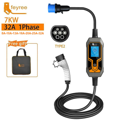 feyree 32A 7KW Type2 EV Portable Charger 3.5KW 16A 1Phase EVSE Charging Box 11KW 16A 3Phase Car Charger for Electric Vehicle