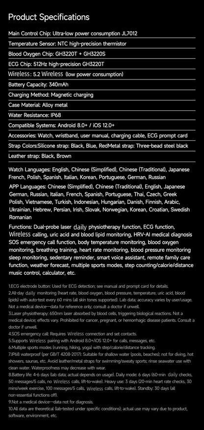 LIGE New Accurate ECG+PPG Smart Watch Laser Therapy Blood Lipid Uric Acid BP Heart Health Analysis BT Call Smartwatch Men Women