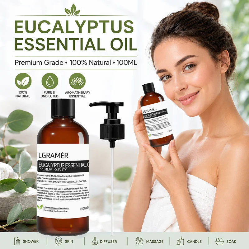 Natural Eucalyptus Essential Oil,Diffuser Friendly for Air Purify,Massage & Aromatherapy for Shower,Diffuser, Massage, with Pump