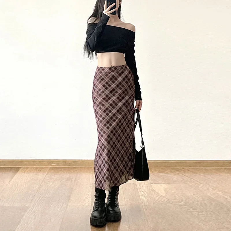 Women Spring Autumn Plaid Print Wrap Hips Skirts Fashion Ankle-Length Sexy Slim Pencil Skirts Preppy Style Girls Slit Midiskirt