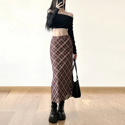 Women Spring Autumn Plaid Print Wrap Hips Skirts Fashion Ankle-Length Sexy Slim Pencil Skirts Preppy Style Girls Slit Midiskirt