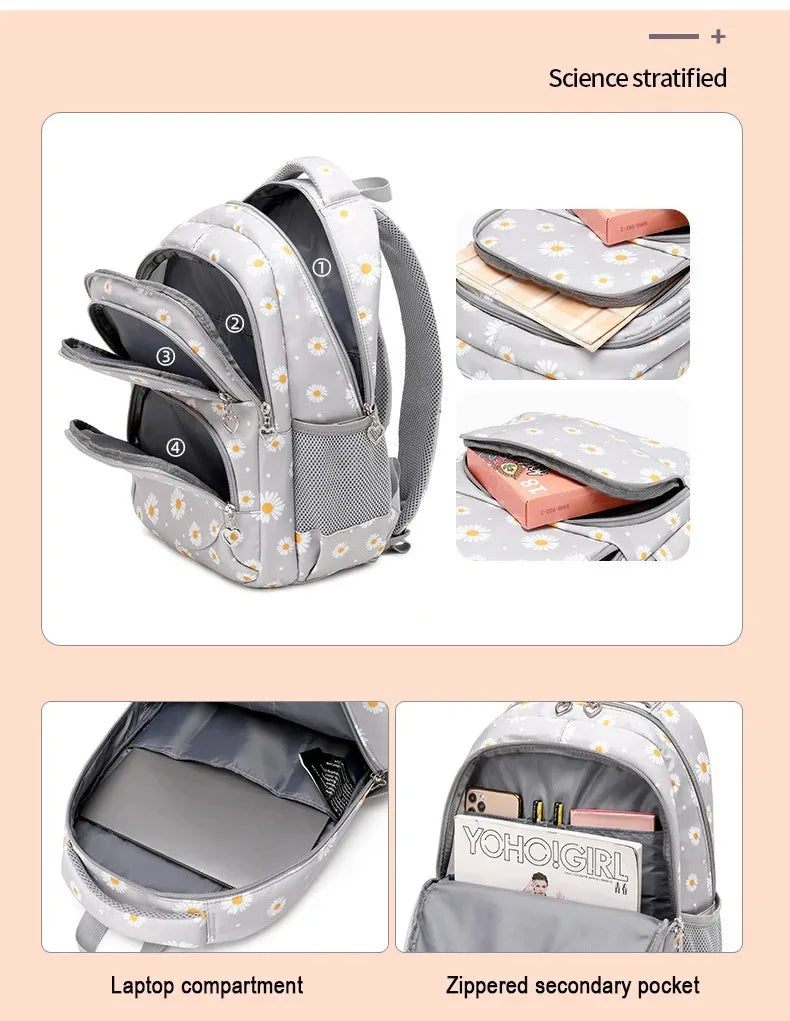 Daisy Pattern School Bag Backpack Pencil Case Handbag Three Piece Set Nylon Fabric Waterproof Boys Girl Teenagers Trend Backpack