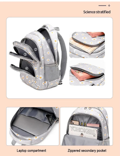 Daisy Pattern School Bag Backpack Pencil Case Handbag Three Piece Set Nylon Fabric Waterproof Boys Girl Teenagers Trend Backpack