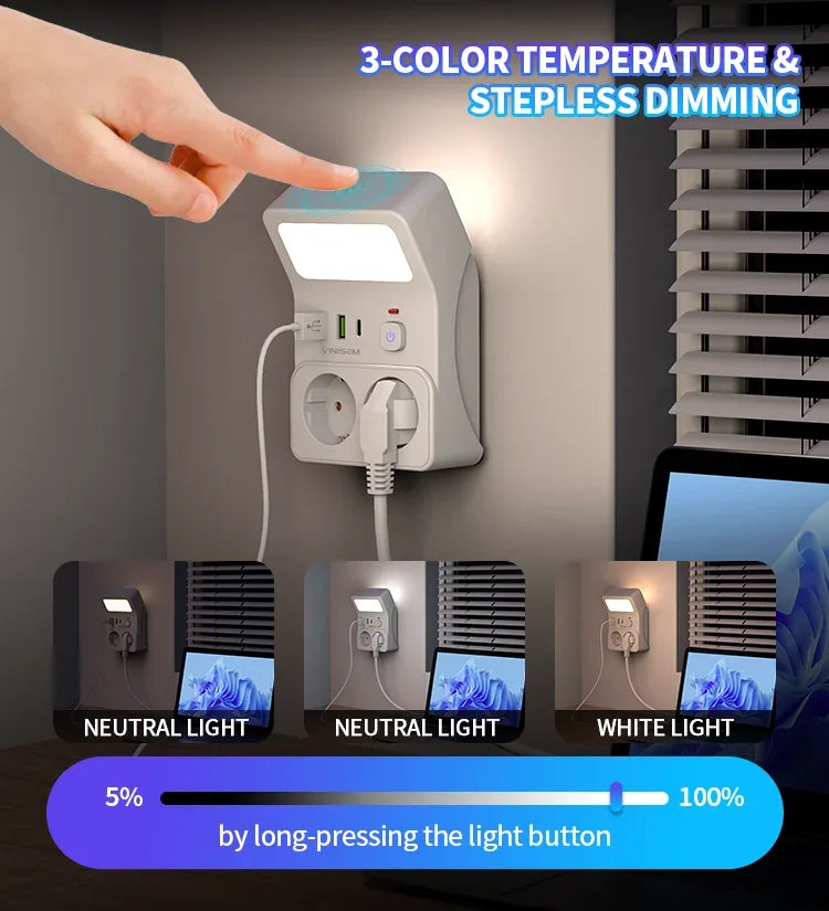 Wall Socket Power Strip with 2 AC Outlets 2 USB Ports 2 Type-C EU Plug Charger Electrical Switch For Home Power Socket