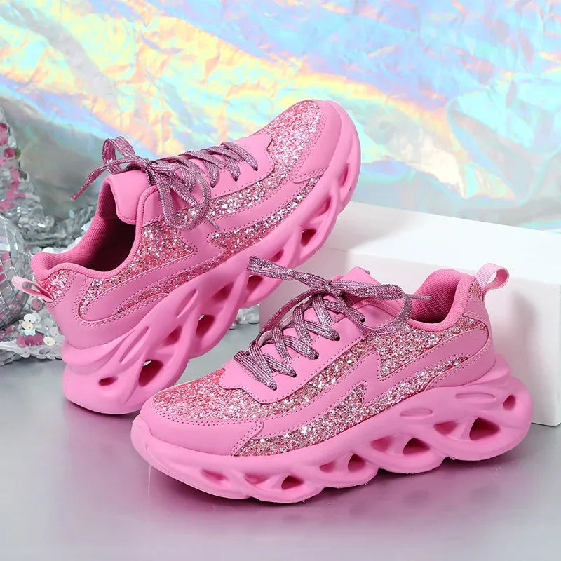 Bling Sports Shoes Women Platform Thick Sole Running Shoes Woman Sneakers Glitter Lightweight Casual Sparkling Women Shoes Pink