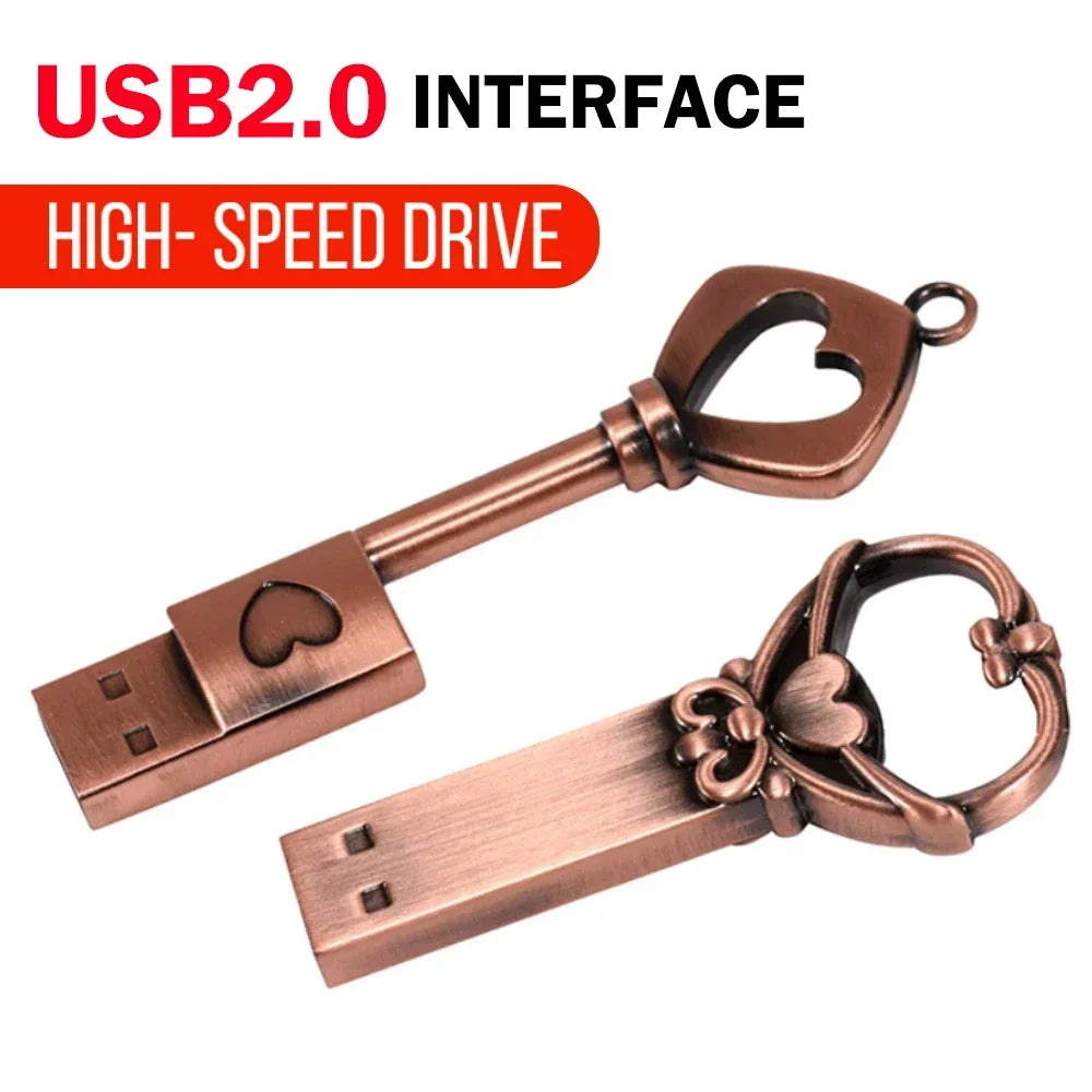 10pcs/lot Copper Love Heart Pen Drive 128GB Metal USB 2.0 Flash Drive 64GB Key Memory Stick Creative Gift Pendrive 64GB Storage