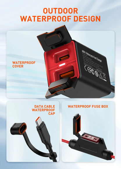 LDNIO Motorcycle USB C Fast Charger PD+QC3.0 60W Waterproof Socket Type C Cell Phone 12V/24V Vehicle-Mounted Charger Adapter