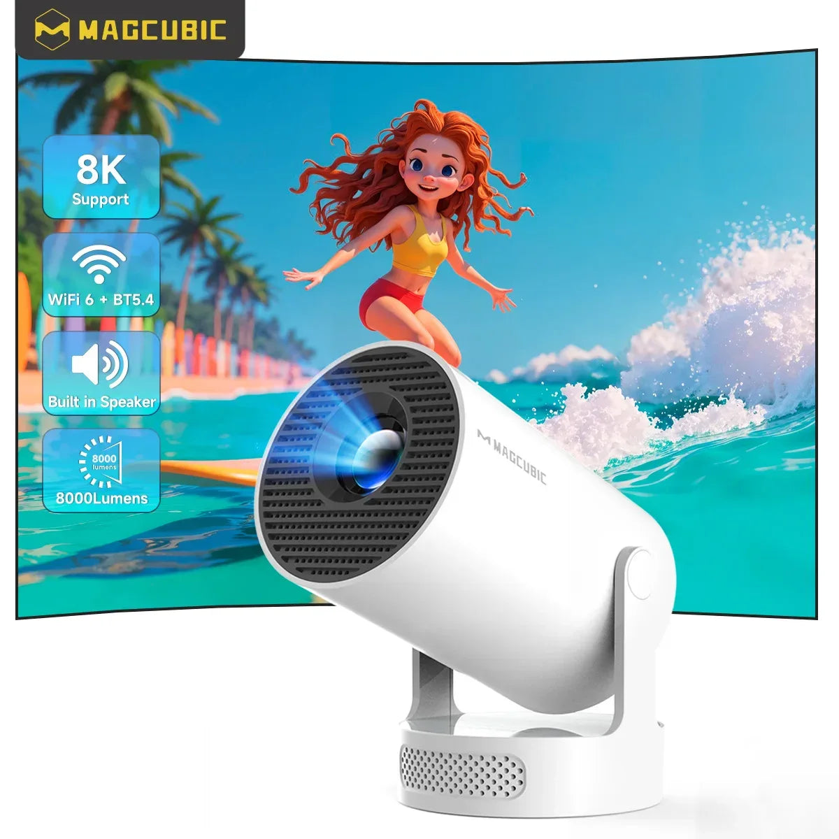 Magcubic HY300 Pro+ Android14 Projector 8000 Lumens 720P Outdoor Portable Movie Home with 5W Speaker WiFi6 BT5.4 Upgrated HY300