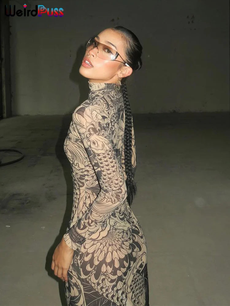 Robe longue moulante à imprimé résille Weird Puss pour femme, col roulé, manches longues, style automne tendance, hipster, streetwear, soirée, look Y2K