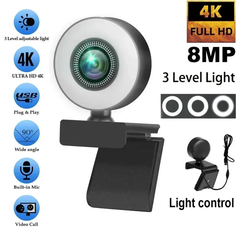 4K Webcam Mini Camera Full HD Webcam With Ring Fill Light Microphone USB Live Broadcast For Youtube PC Laptop Video Shooting