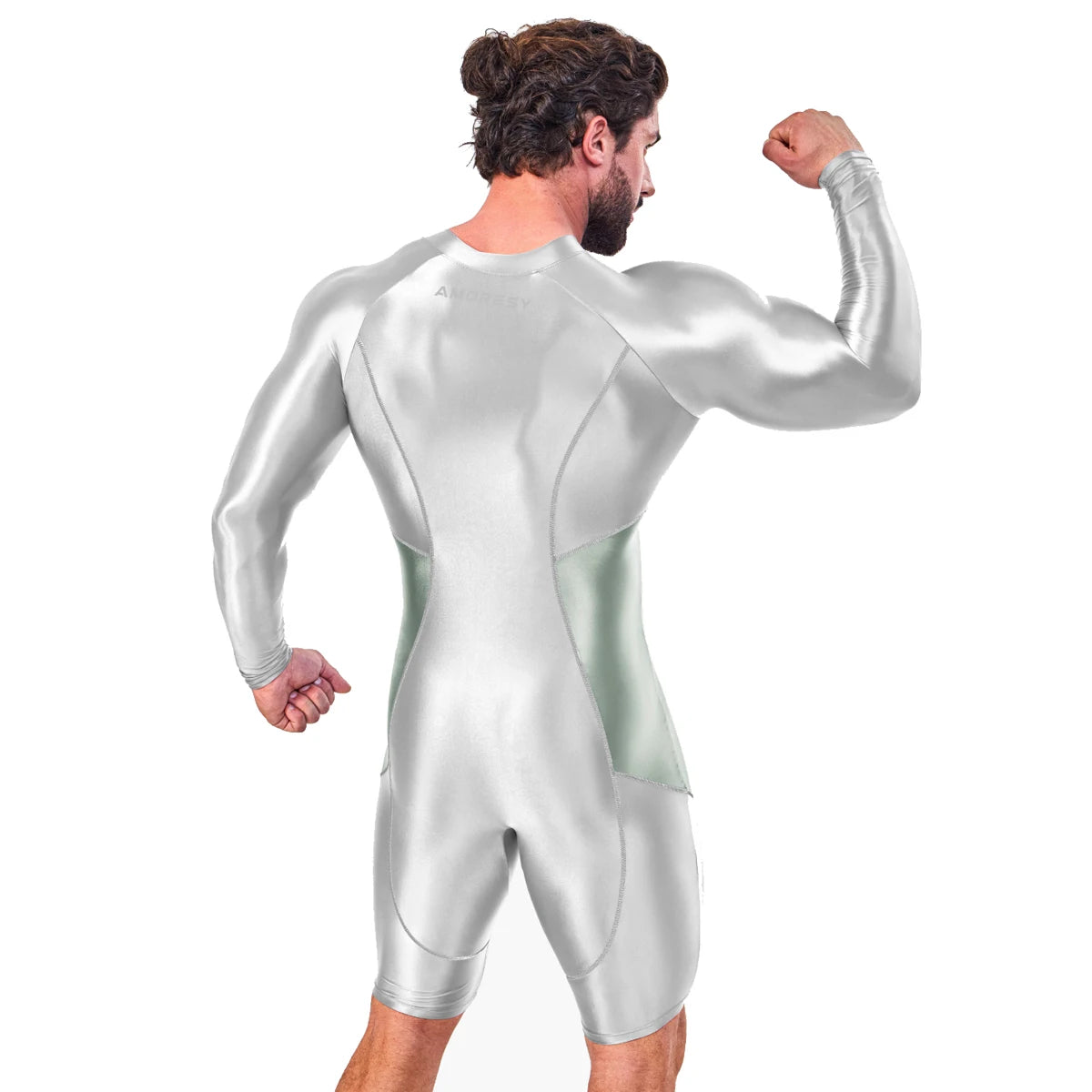AMORESY Atticus Series Men Glossy Smooth Patchwork High Stretch Long Sleeve Knee Length Tracksuit Jumpsuit Bodysuit Fitness Gym