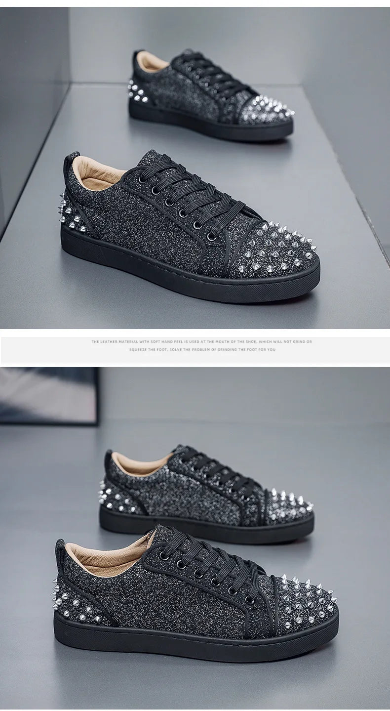 New Fashion Silver Trainers Glitter Spiky Shoes Men Lace Up Sneakers Low Top Shoes Red Sole Man Designer Sneaker With Spikes