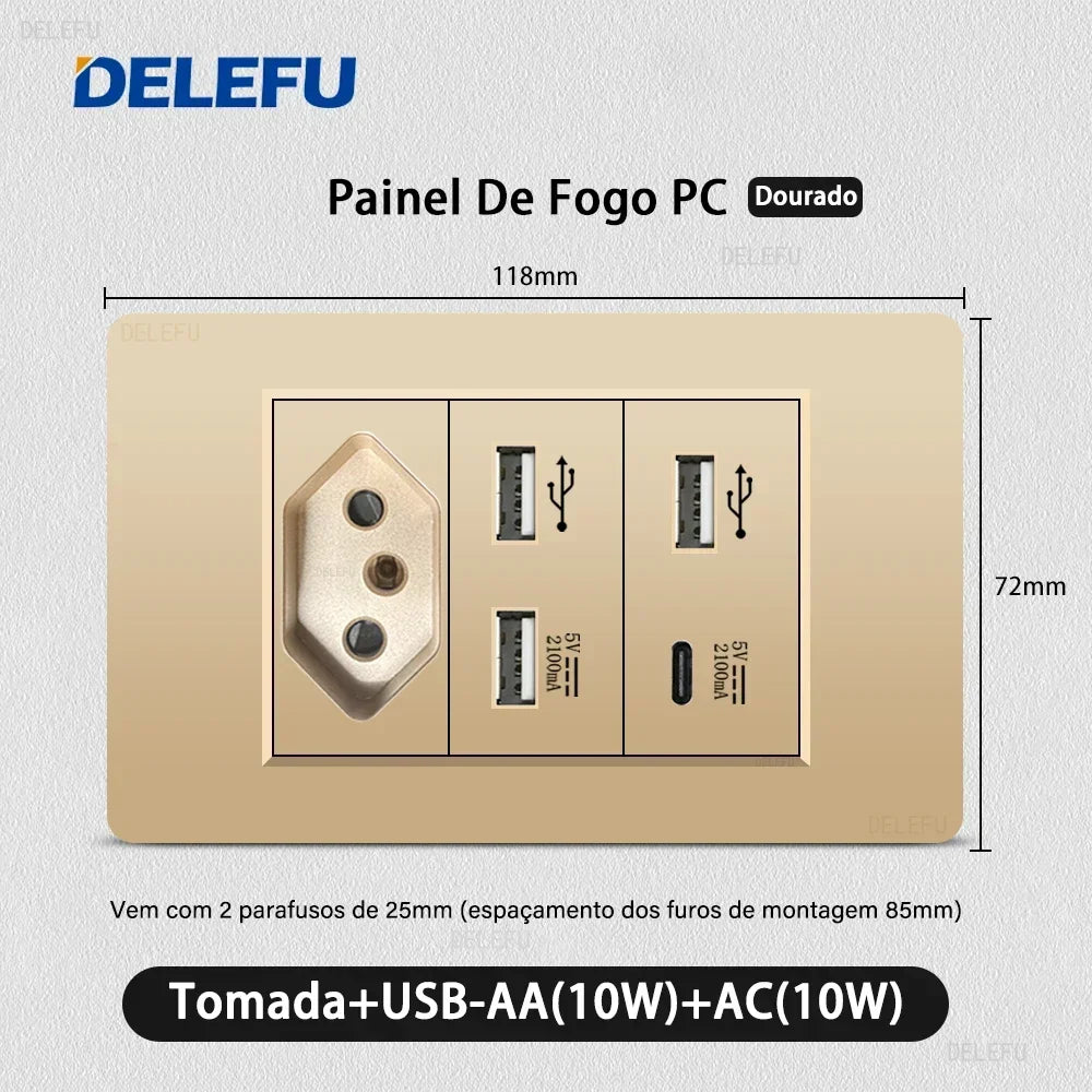 DELEFU Brazil Standard 10A 20A Gold Fireproof PC Panel Dual USB Type C Home Wall Light Switch Safe Power Socket