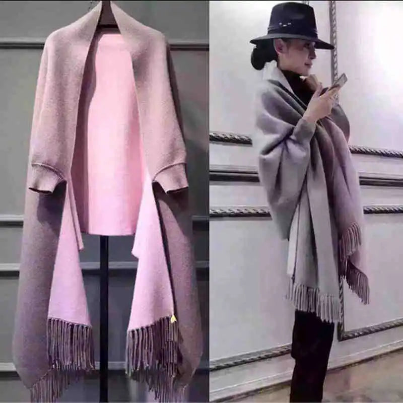 Autumn Winter Tassel Long Sweater Cardigans Casual Korean Long Sleeve Cloak Patchwork Knitwear Coats Outwaer LMFS-LM-8015