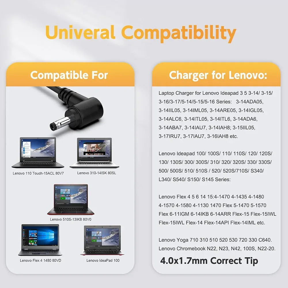 65W Laptop Charger for Lenovo Flex 5 4 6 11 14 15 Ideapad 3 5 110   130s 310 320 330 330s 510 520 530s 710s Adapte Power Supply