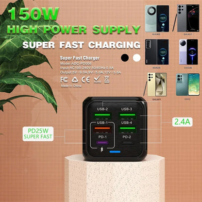 150W Multi Port USB Charger 6 Ports Fast Charge Phone Charger Wall Adapter For iPhone Samsung Xiaomi EU/US/UK Plug Quick Charger