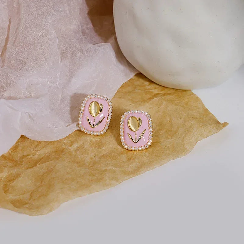 Opal Tulip Flower Pink Color Square Imitation Pearl Stud Earring for Women Korean Sweet Geometric Jewelry Christmas Girl Gift