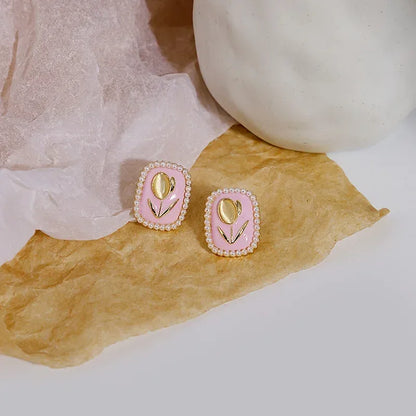 Opal Tulip Flower Pink Color Square Imitation Pearl Stud Earring for Women Korean Sweet Geometric Jewelry Christmas Girl Gift