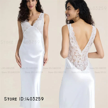Elegant Female Long Nightgown Sleepwear Sexy Patchwork Lace Backless Nightdress Lingerie Summer New Silk Satin Homewear Nighty