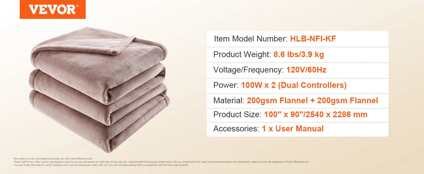 SucceBuy Heated Blanket Electric Throw 100" x 90"King Size Soft Flannel Heating Blanket with 10H Timer Auto-off 5 Heating Levels